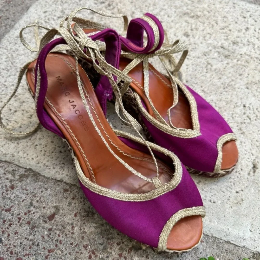 Marc Jacobs Women's Boho Purple Gold Peep Toe Espadrille Platform Shoes Size 37